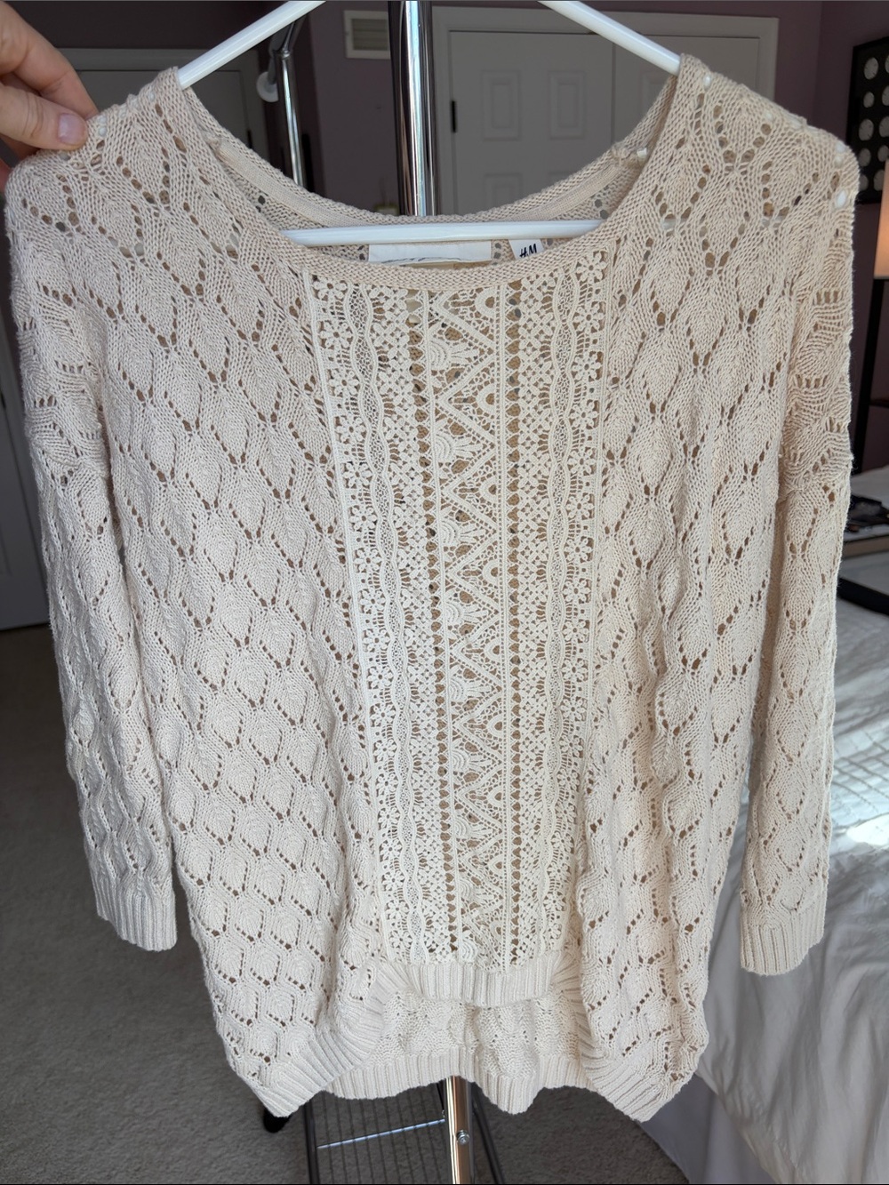 H&M Cream Open-Knit Crochet Panel Sweater